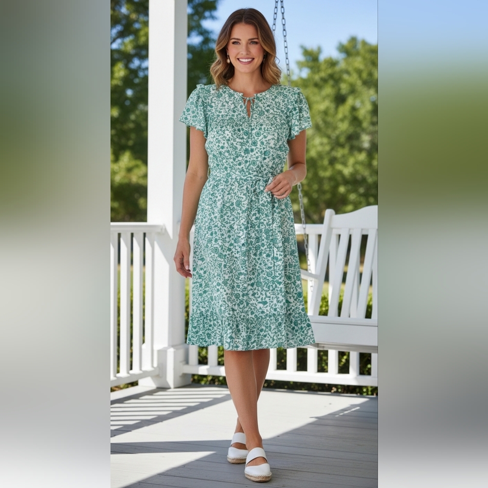 VTG DRAPER JAMES Teal Floral Boho Ruffle Midi Dress Size L